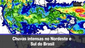 Chuvas intensas no Nordeste e Sul do Brasil com tempo mais firme e seco no Sudeste