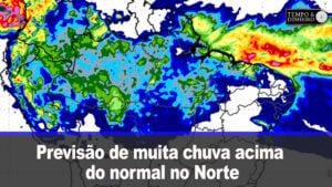 Previsão de muita chuva acima do normal no Norte, Nordeste. Enorme área com pouca chuva e calor
